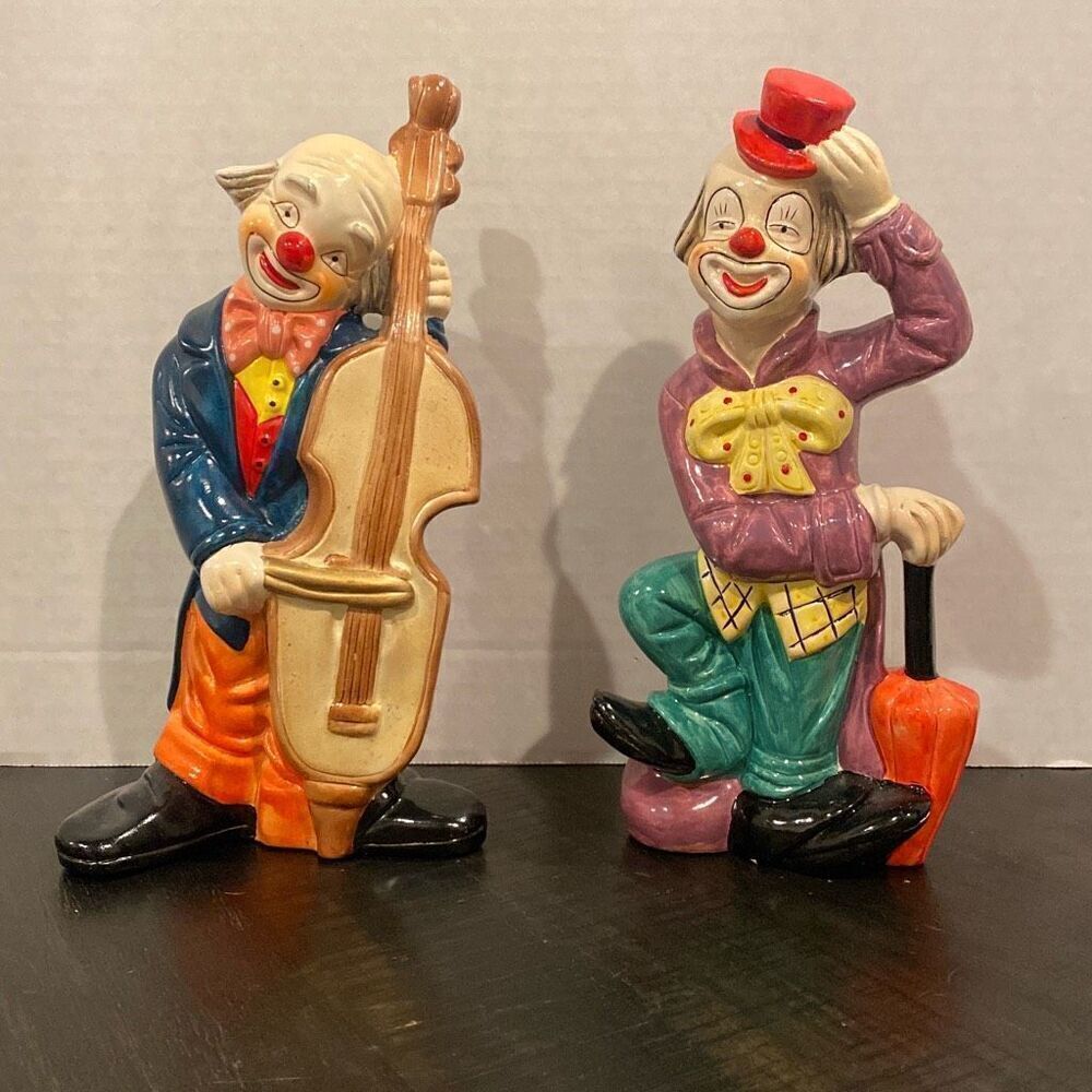 Vintage Clown Figurines Ceramic SET OF 2 Hand Painted 7.5” w Cello and Red Hat